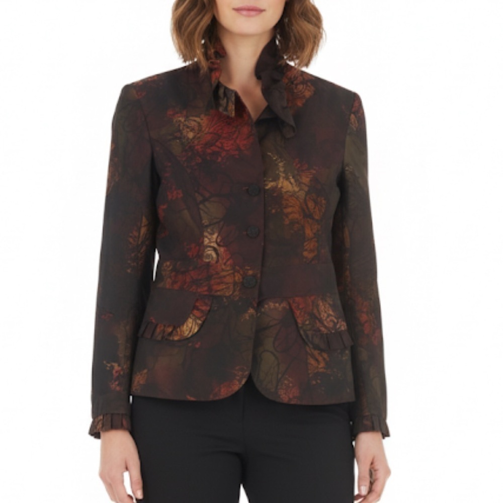 ✨3/$21✨ Cartise Women’s Floral Ruffle Collar Blazer Jacket Size 10 Brown Rust